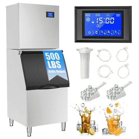 OUTBID Split Commercial Ice Maker Machine 600LBS/24H with 350lbs Ice Bin, Nugget Ice Makers Commercial, Clear Cube Pellet Ice Maker, Fast Ice Maker Ice-Ready in 8-15mins