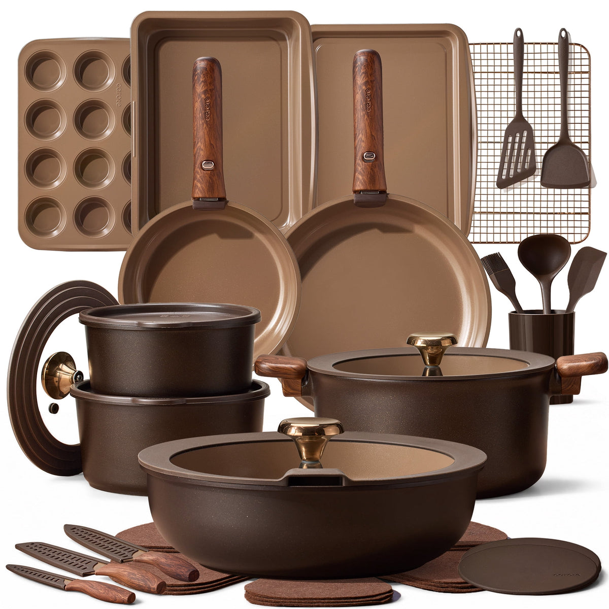 CAROTE 19-Piece Ceramic Pots and Pans Set, Nonstick Cookware Set with Lids, Induction Compatible, Oatmeal