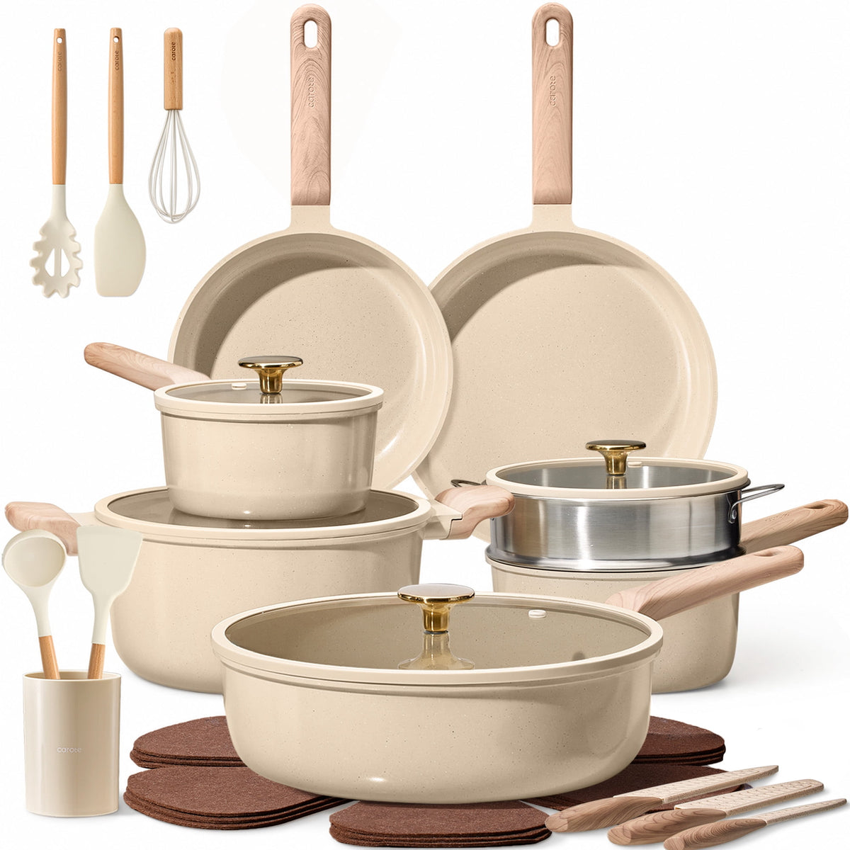 CAROTE 19-Piece Ceramic Pots and Pans Set, Nonstick Cookware Set with Lids, Induction Compatible, Oatmeal