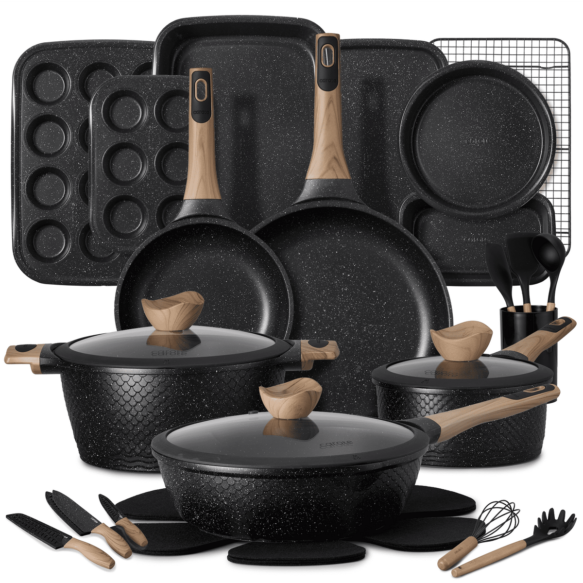 CAROTE 19-Piece Ceramic Pots and Pans Set, Nonstick Cookware Set with Lids, Induction Compatible, Oatmeal