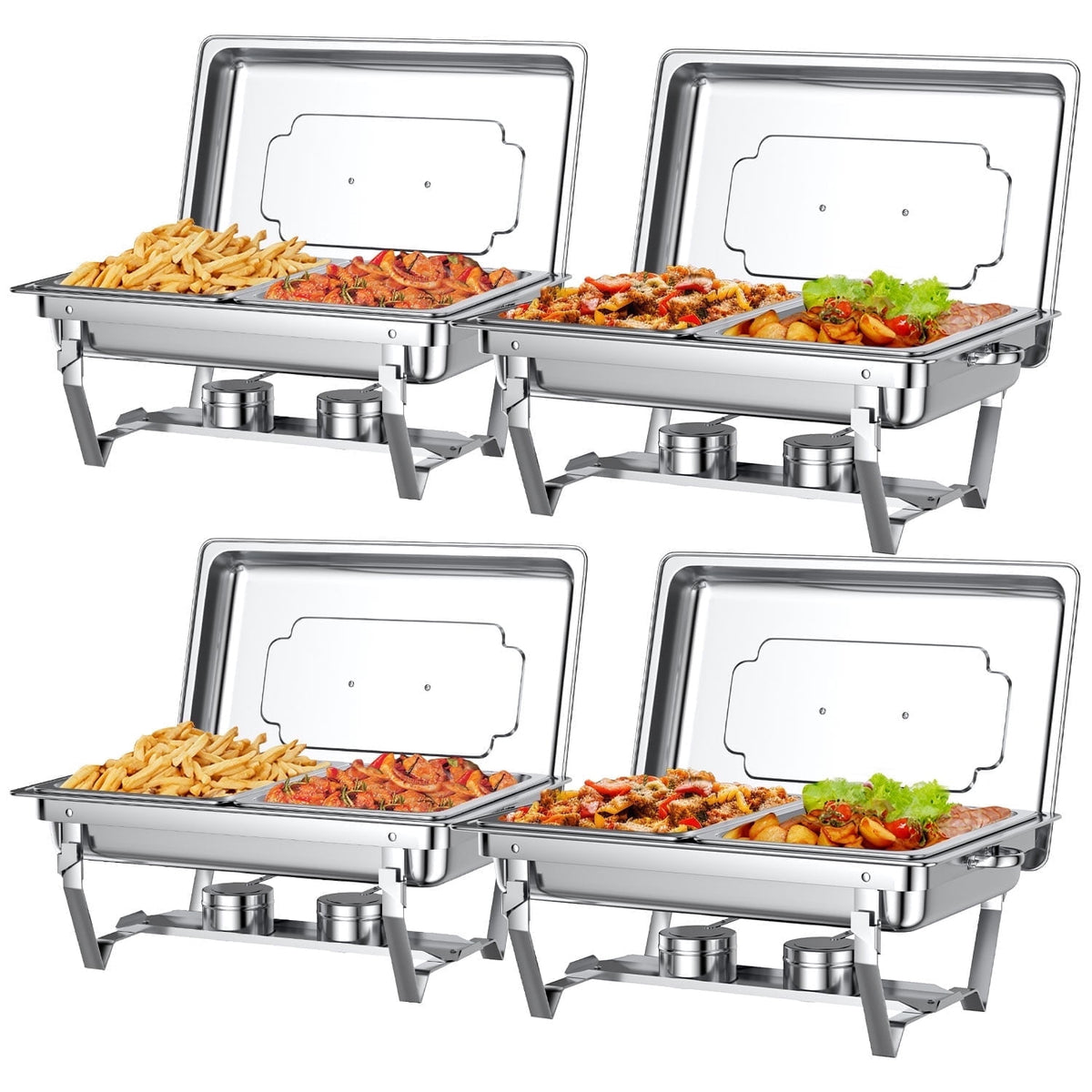 TINANA 4 Pack Chafing Dishes Buffet Set, Full-Size Buffet Servers with Lids, Stainless Steel Food Warmers with 4 Fuel Holders, Silver