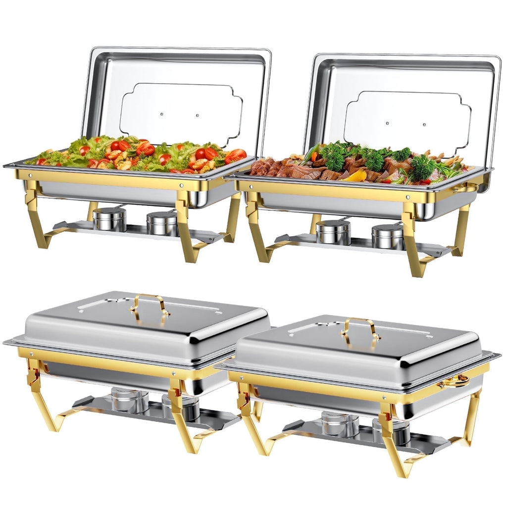 Chafing Dish Buffet Set 4 Pack: TINANA 8QT Stainless Steel Chafing Dishes for Buffet, Chafers and Buffet Warmers Sets for Parties, Events, Wedding, Camping, Dinner-Gold