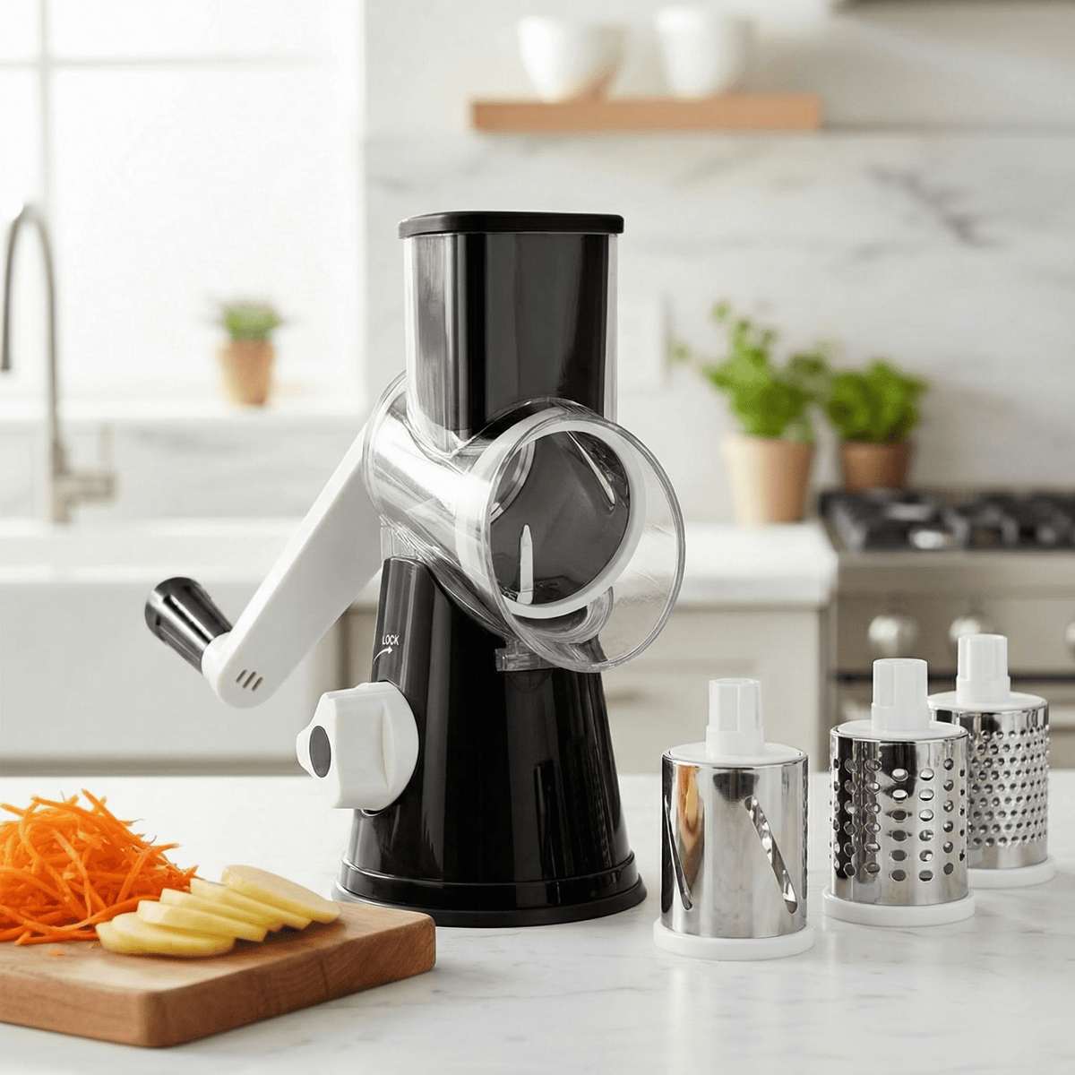 Premium Rotary Cheese Grater, Manual Cheese Grater for Kitchen, Handheld Vegetables Slicer Cheese Shredder with Rubber Suction Base, 3 Stainless Drum Blades Included,Blue