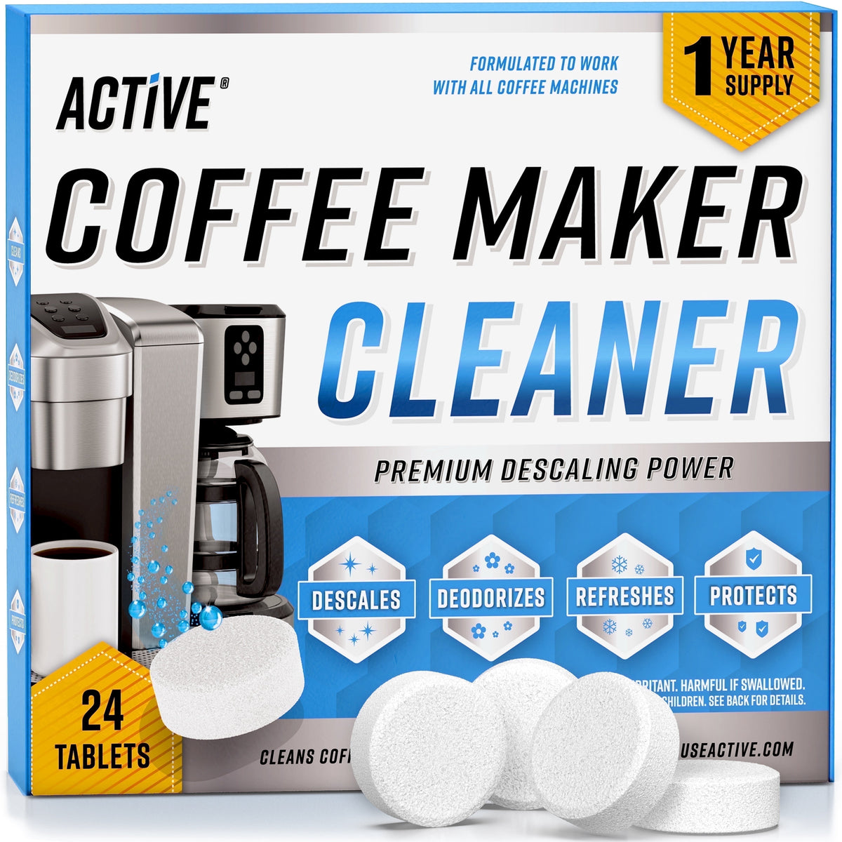 Active Coffee Machine Cleaner and Descaler, (Keurig, Nespresso, Ninja, Espresso), 24 Count, 1 pack