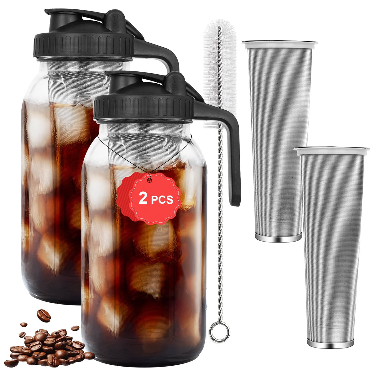 Soulgenix Cold Brew Coffee Maker, 64 oz Mason Jar Pitcher with Stainless Steel Filter, Cleaning Brush, Black
