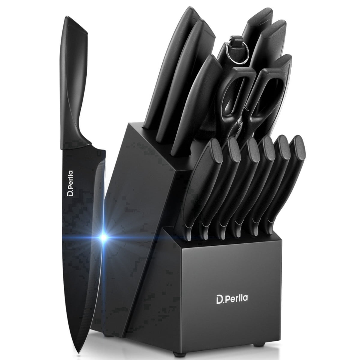 D.Perlla Kitchen Knife Set, 15 Pieces High Carbon Stainless Steel Knife Block Set with Anti-Rust & Non-stick Coating, Dishwasher Safe