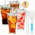 TAIMASI 4-Pack Ribbed Glass Tumblers with Lids, Straws and Cleaning Brush, 20oz Leakproof for Iced Coffee，Cocktails, Juice