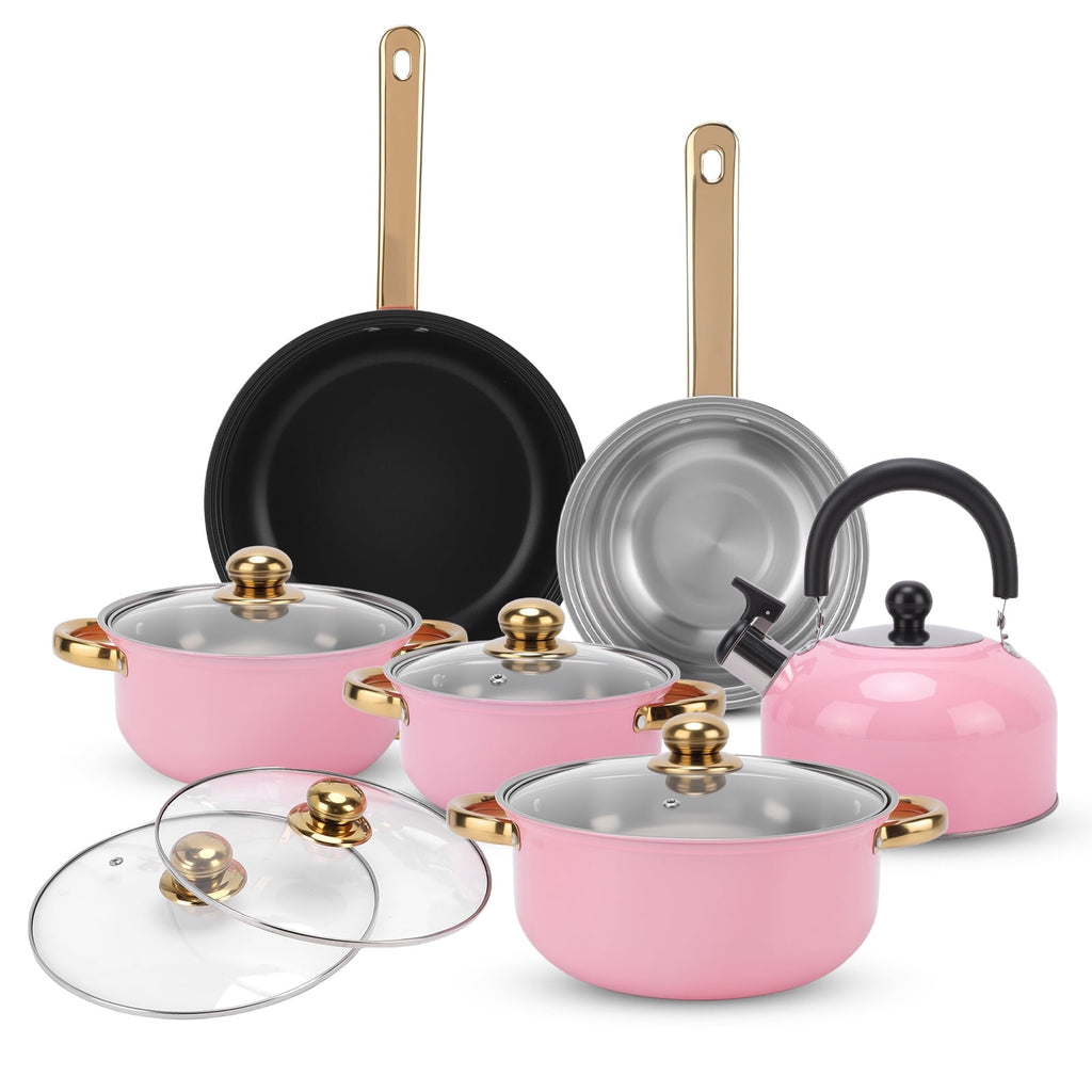 12 Piece Stainless Steel Cookware Set, Nonstick Cookware Set, Kitchen Pots and Pans Tea Kettle Set with Glass Lid for Cooking, Dishwasher, Pink