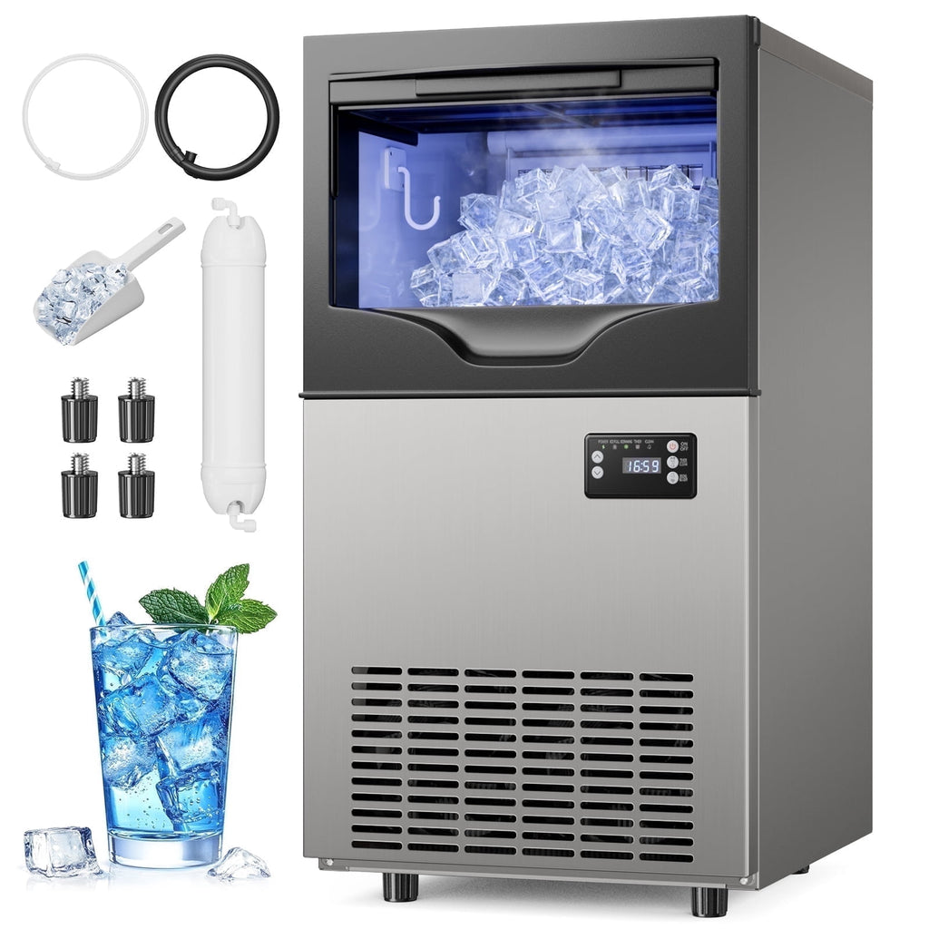 Ecojoy Commercial Ice Maker, counter ice machines 100lbs Maximum Output, Cubed Ice, Silver with 33 lbs Storage Bin