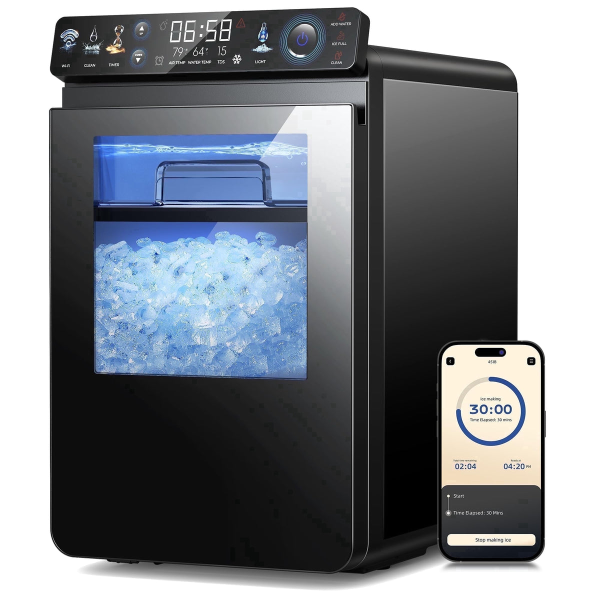 Ecozy Chillio Nugget Ice Maker Countertop with App Control, Smart Pebble Sonic Ice Machine, 44LBS/24H Soft Chewable Pellet Ice