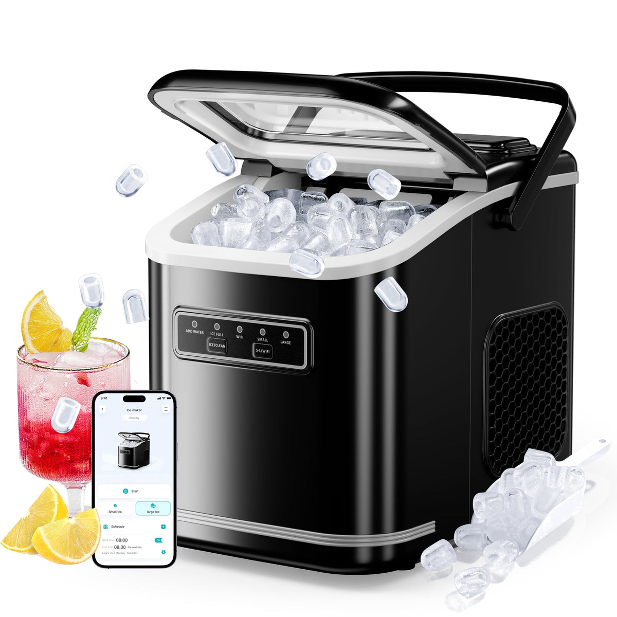 Ecozy Chillio Countertop Ice Maker, Smart Ice Machine with Full-Color Display Panel and Built-in Lighting, Produces 26lbs/24H, Dual-Layer Insulation