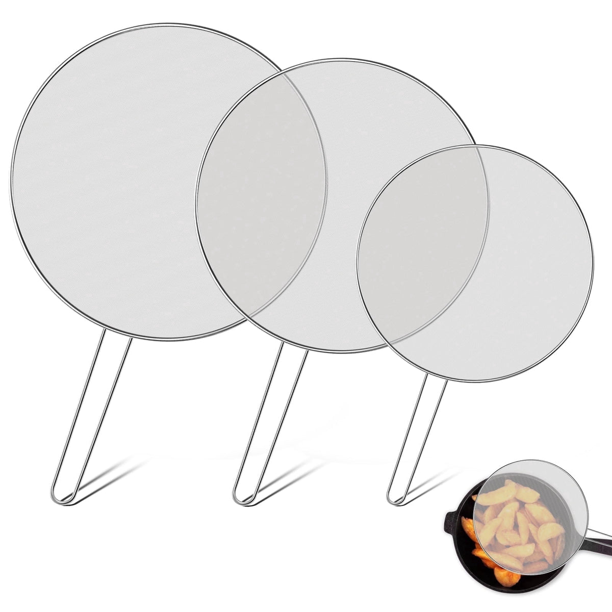 3 Piece Stainless Steel Fine Mesh Splatter Screen Set, 13", 11.4", 9.8" Splatter Screen for Frying Pan, Grease Splatter Guard with Heat-Resistant Handles