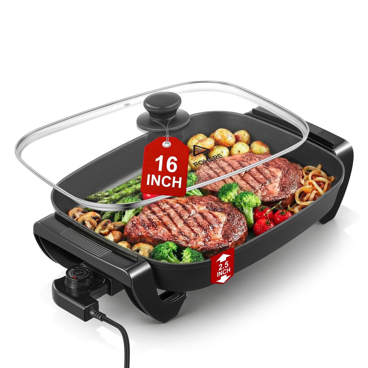 Electric Skillet, 12 inch Deep Non Stick Electric Skillet with Glass Cover, FOHERE Skillet for kicthen, 1360W, Black