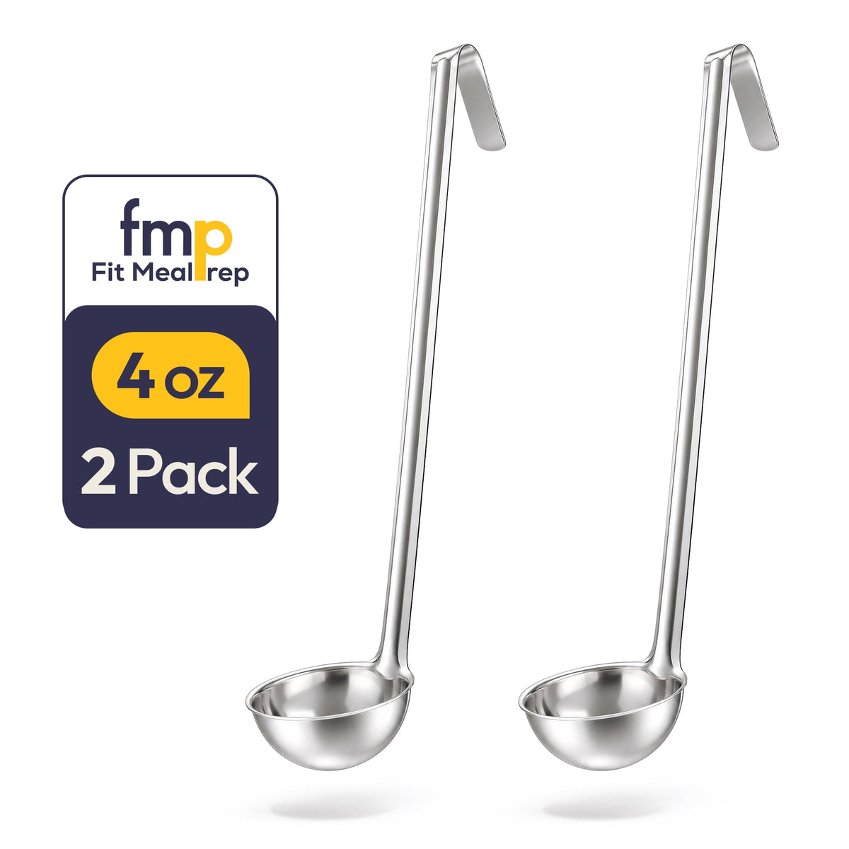 [2 Pack] 6 Oz Stainless Steel Soup Ladle - One-Piece Sauce Spatula with Hook Handles, Commercial Grade Serving Spoon, Kitchen Tool for Restaurant or Home Cooking, Mirror Finish, 14.25" Long