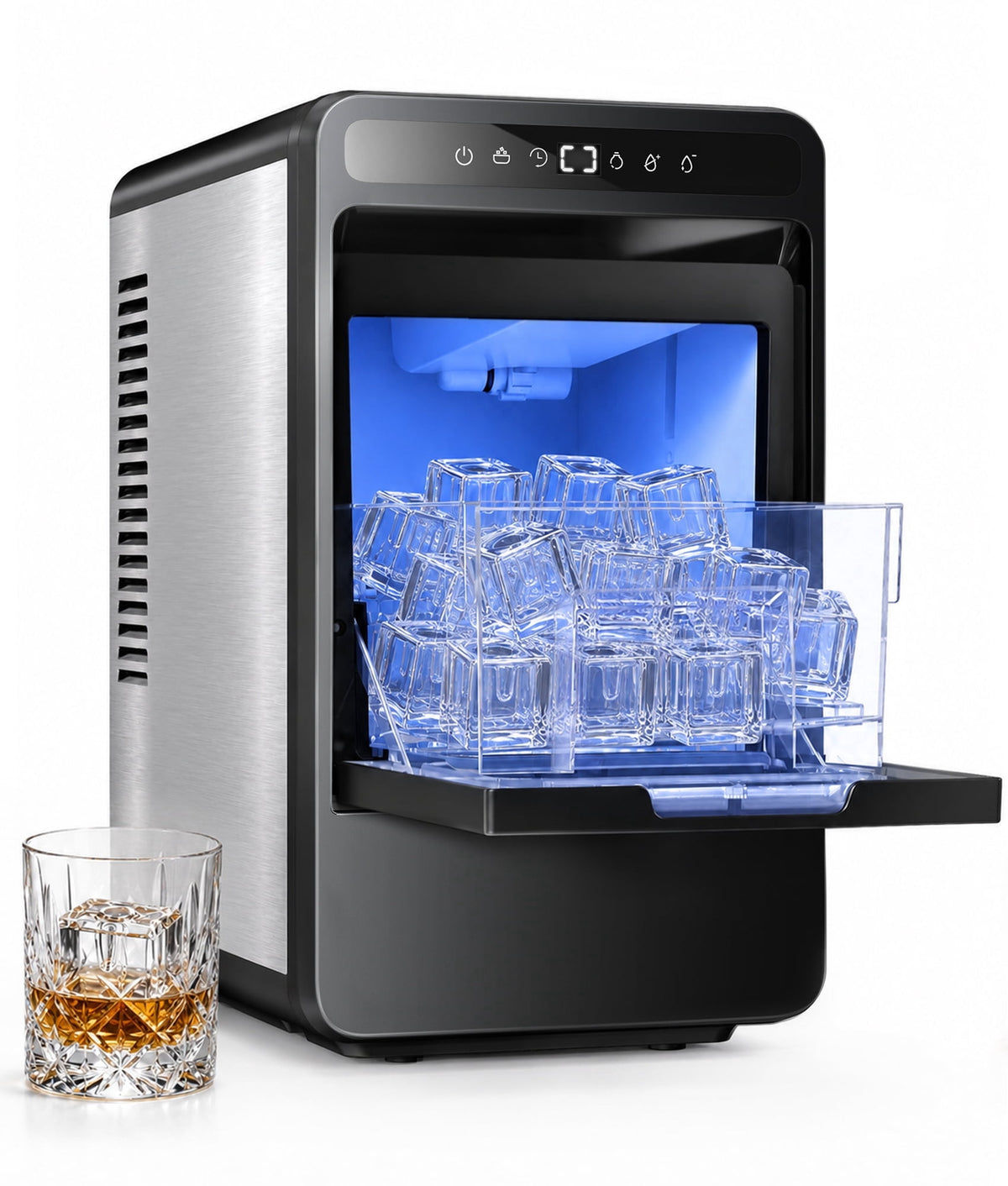 Flamemore Clear Countertop Ice Maker, 8 Crystal Clear 1.2" Large Craft Ice Cubes in 20 Mins, Portable Ice Machine with Self-Cleaning for Home Bar, Whiskey & Cocktails