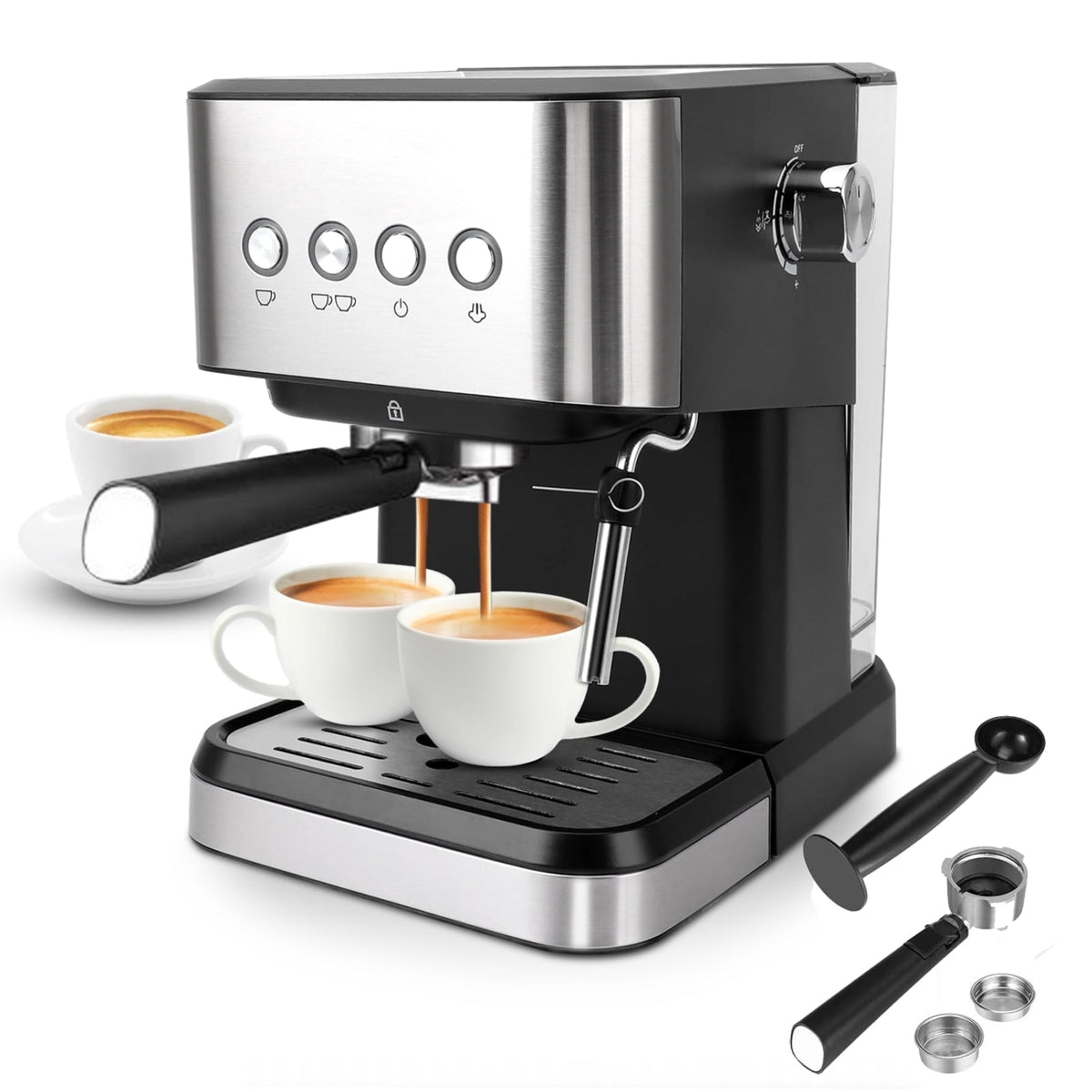 Fyydes Espresso Machine 20 Bar, 1.5L Water Tank with Milk Frother Steam, Stainless Steel Coffee Maker for Espresso, Latte, Mocha, Americano, 1050W, Silver