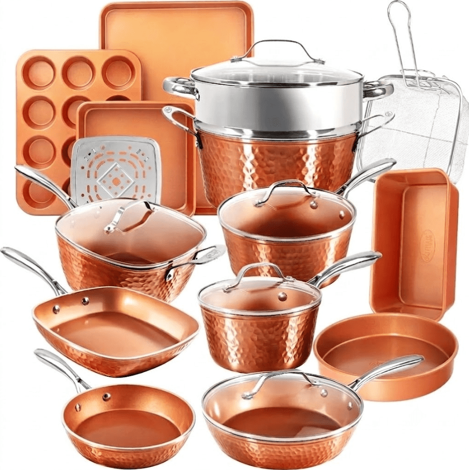Gotham Steel Hammered 20 Pc Ceramic Cookware Set Nonstick, Induction Pots and Pans Set, Non Toxic Cookware Sets, Oven & Dishwasher Safe, Copper