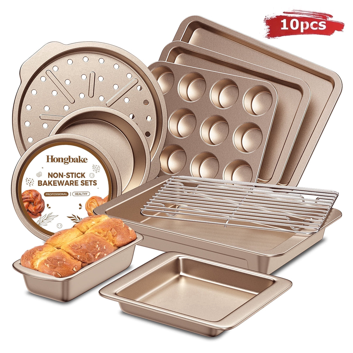 HONGBAKE 29-Pcs Nonstick Carbon Steel Bakeware Set, Baking Pan Set with Baking Sheets, Cake Pans, Loaf Pan & Muffin Pan, Grey