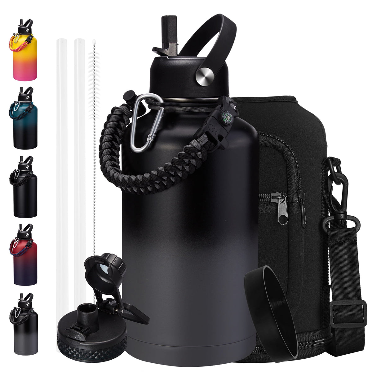 64 oz Water Bottle with Straw & Spout Lids - Half Gallon Insulated Water Bottle,Wide Mouth Metal Canteen Thermo Flask,Leak-proof Water Jug,Black