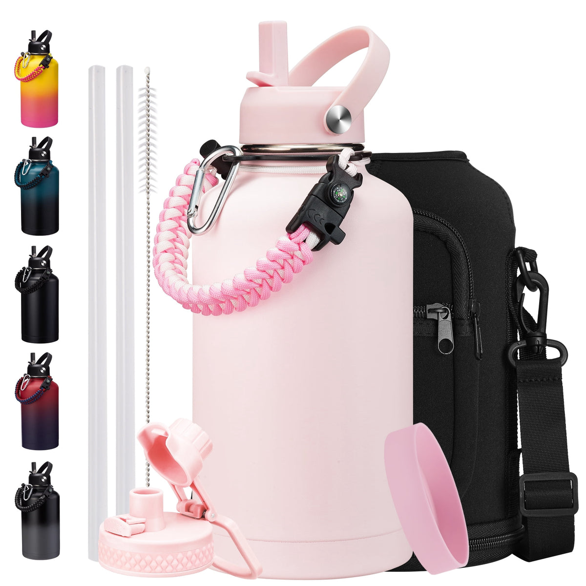 64 oz Water Bottle with Straw & Spout Lids - Half Gallon Insulated Water Bottle,Wide Mouth Metal Canteen Thermo Flask,Leak-proof Water Jug,Black