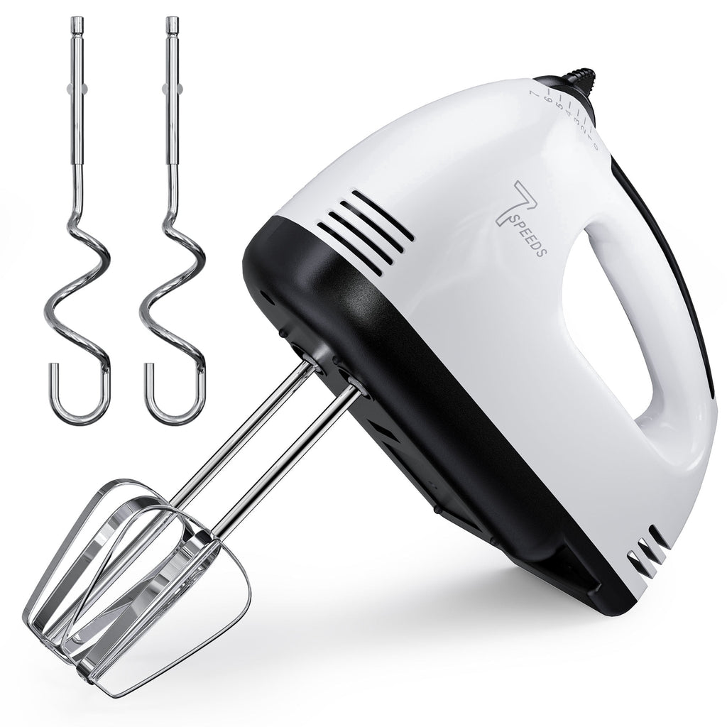 TINANA 7-Speed Electric Hand Mixer with 2 Beaters & 2 Dough Hooks, Eject Button, Ergonomic Grip, Compact White Kitchen Mixer