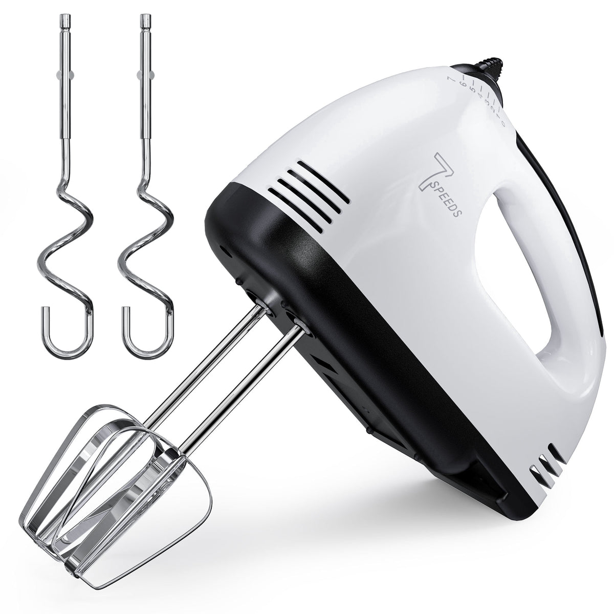 TINANA 7-Speed Electric Hand Mixer with 2 Beaters & 2 Dough Hooks, Eject Button, Ergonomic Grip, Compact White Kitchen Mixer