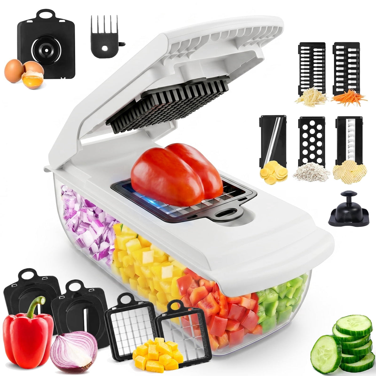 Honhorrs Vegetable Chopper Mandoline Slicer with Container, Food Veggie Chopper, Cheese Grater, Onion Vegetable Cutter for Kitchen Gadgets & Gifts, Home Essentials (9-in-1, Black)