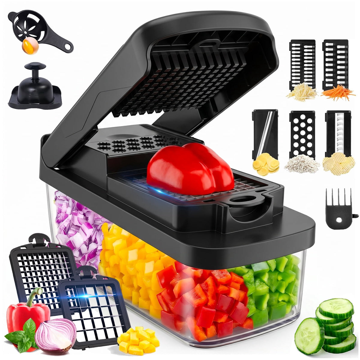 Honhorrs Vegetable Chopper Mandoline Slicer with Container, Food Veggie Chopper, Cheese Grater, Onion Vegetable Cutter for Kitchen Gadgets & Gifts, Home Essentials (9-in-1, Black)