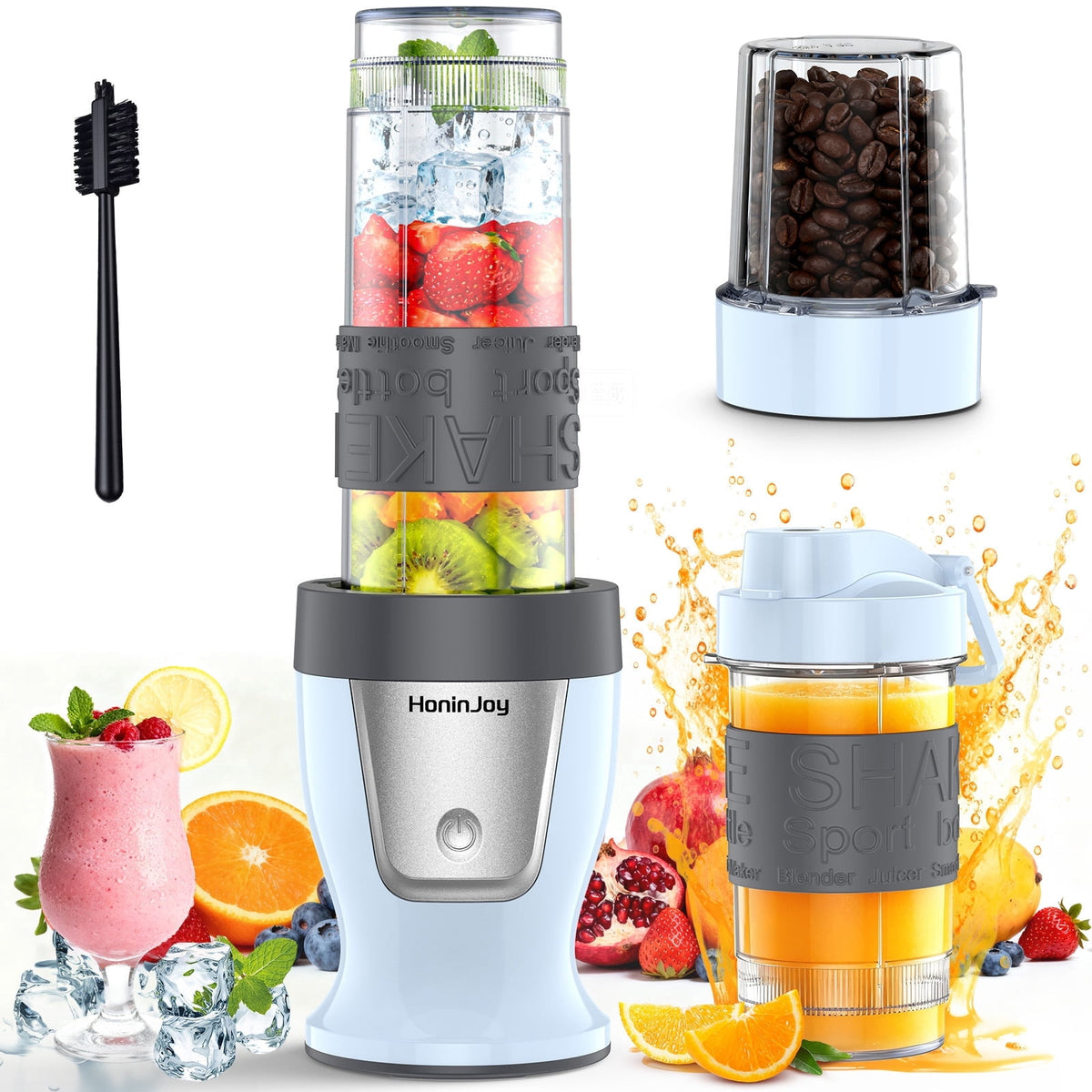 HoninJoy Portable Blender, Compact Personal Blender for-Smoothies, Shakes, Food Prep, and Frozen Blending, 20-oz. Cups and Spout Lids, Grinding Cup