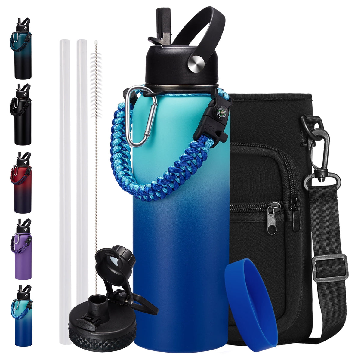 64 oz Water Bottle with Straw & Spout Lids - Half Gallon Insulated Water Bottle,Wide Mouth Metal Canteen Thermo Flask,Leak-proof Water Jug,Black