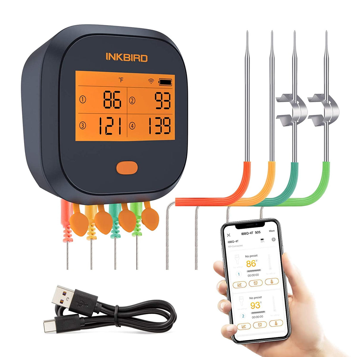 Inkbird WiFi&Bluetooth Meat Thermometer,4 Colored Probes Wireless BBQ GrillingThermometers for Barbecue ,Smoker,Oven | APP Calibration Temp Graph | Mobile Notification Timer Alarm