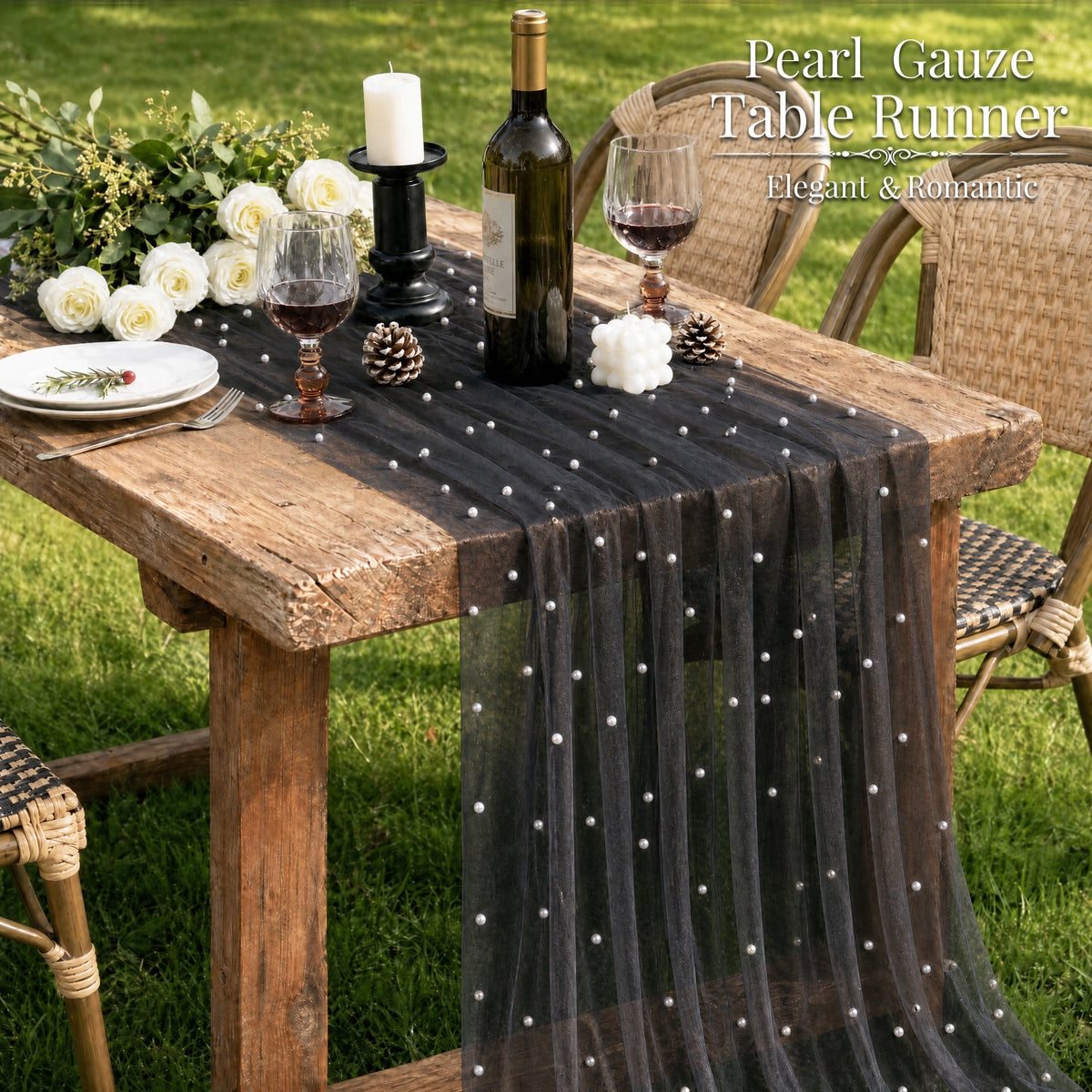 Inosoo Pearl Gauze Table Runner 30x120 inch, 10FT Sheer Tulle Table Decor with Shatterproof Pearls for Wedding Party Dining, White