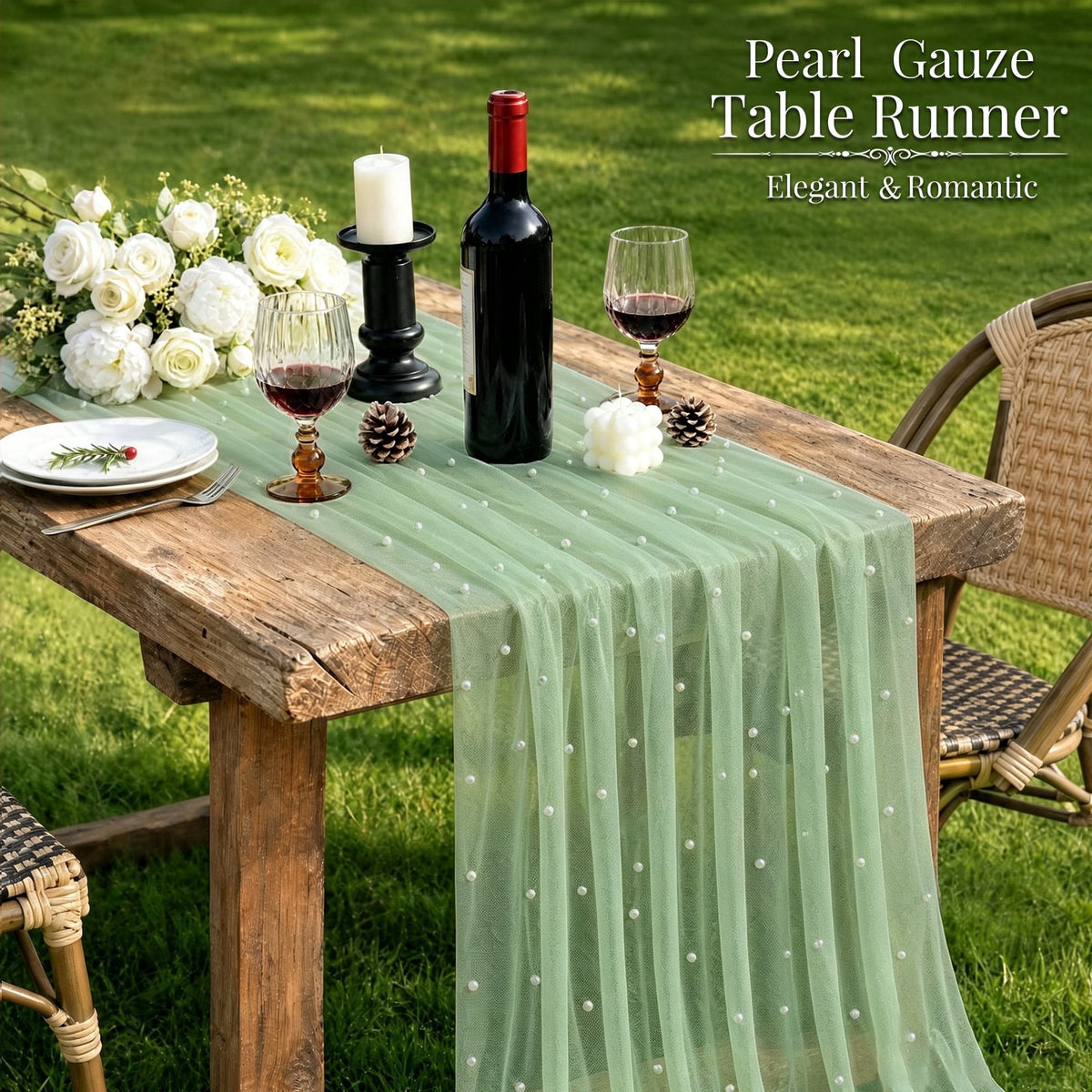 Inosoo Pearl Gauze Table Runner 30x120 inch, 10FT Sheer Tulle Table Decor with Shatterproof Pearls for Wedding Party Dining, White