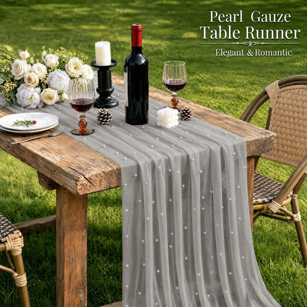 Inosoo Pearl Gauze Table Runner 30x120 inch, 10FT Sheer Tulle Table Decor with Shatterproof Pearls for Wedding Party Dining, White