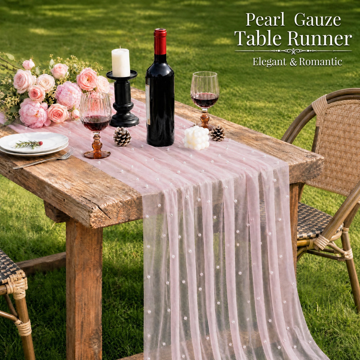 Inosoo Pearl Gauze Table Runner 30x120 inch, 10FT Sheer Tulle Table Decor with Shatterproof Pearls for Wedding Party Dining, White