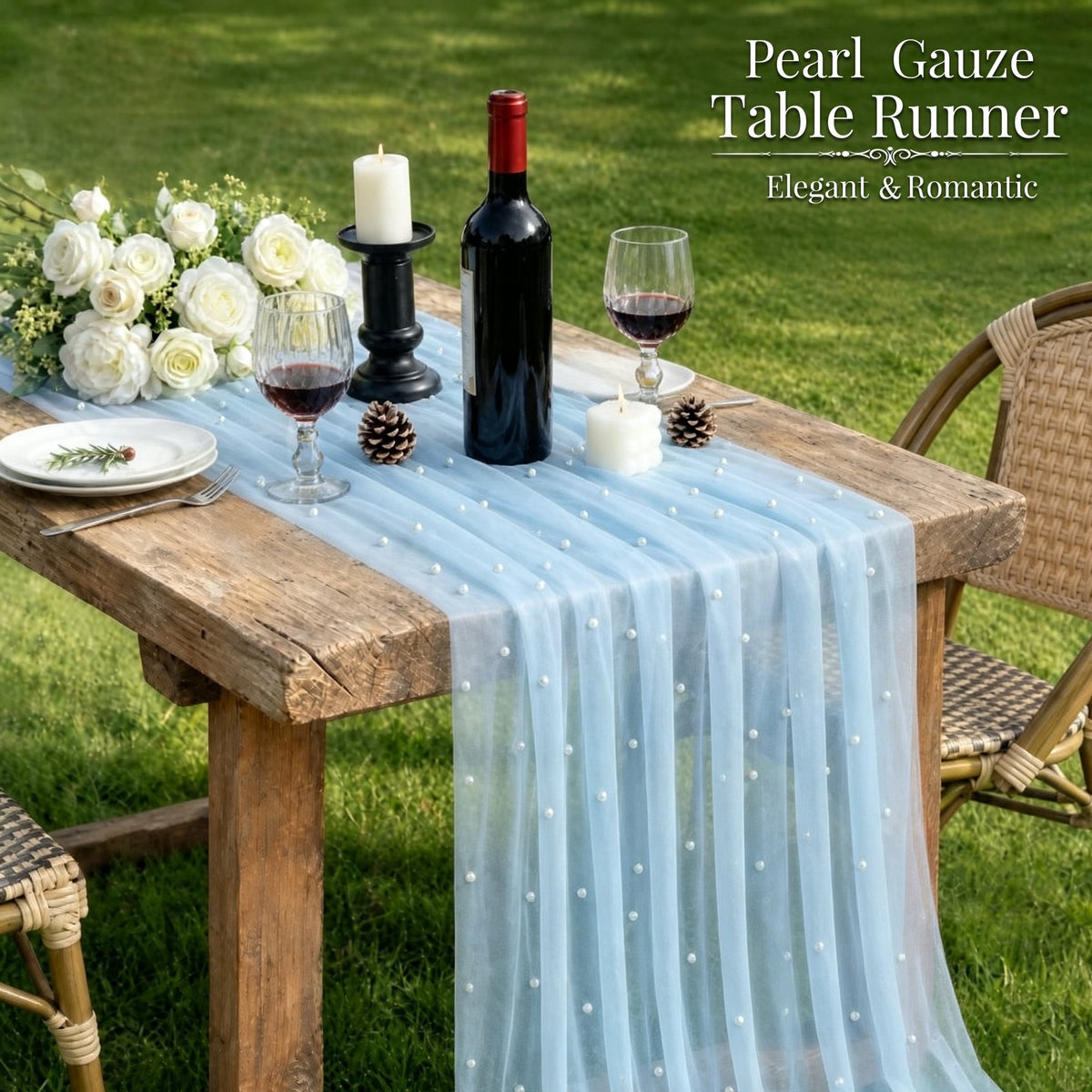 Inosoo Pearl Gauze Table Runner 30x120 inch, 10FT Sheer Tulle Table Decor with Shatterproof Pearls for Wedding Party Dining, White