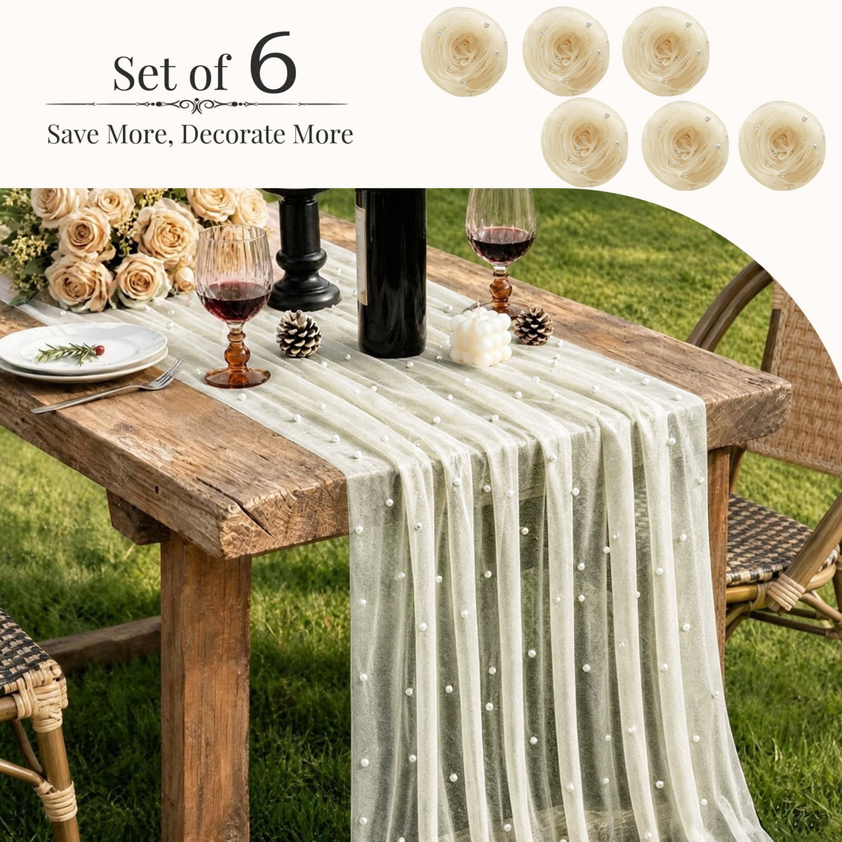 Inosoo Pearl Gauze Table Runner 30x120 inch, 10FT Sheer Tulle Table Decor with Shatterproof Pearls for Wedding Party Dining, White