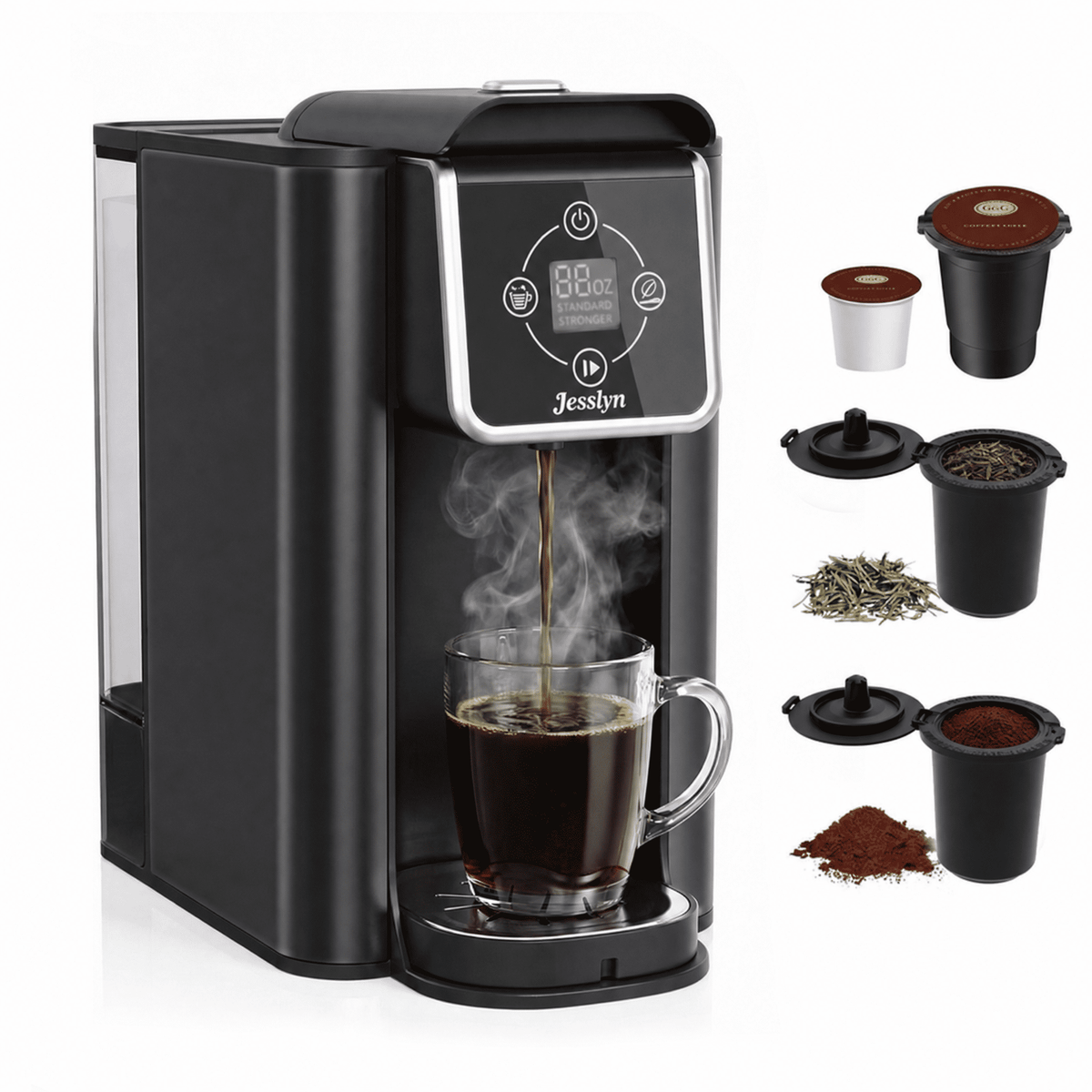 Jesslyn 3 in 1 Single Serve Coffee Maker: K Cup Coffee Machine Compatible with Grounds, Instant Coffee Pot, Tea Maker Brewer - Removable 50 oz Water Reservoir, 120V 1150W, Black
