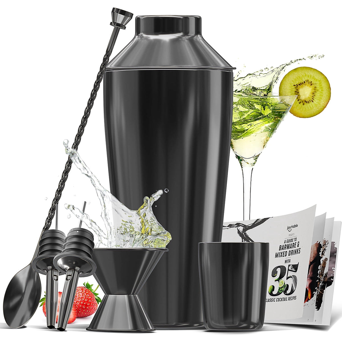 JoyTable 16pc Bartender Cocktail Shaker Set, Stainless Steel Bartender Kit Bar Tool Set, with All Bar Accessories Plus Lemon Squeezer and Great Recipe Book
