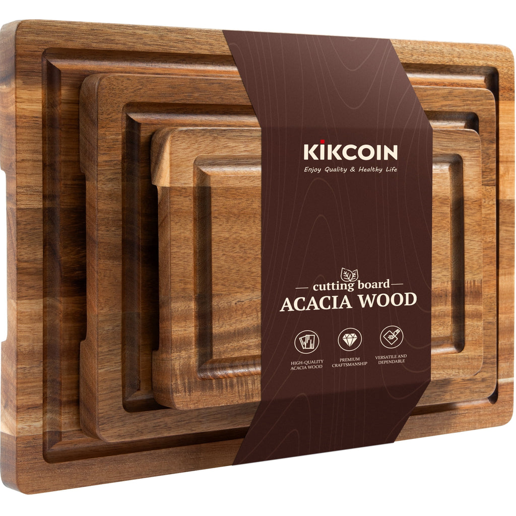 Kikcoin Acacia Wood Cutting Board, Cutting Board Set of 3 with Juice Groove, Wooden Chopping Boards for Kitchen, for Meat & Vegetables