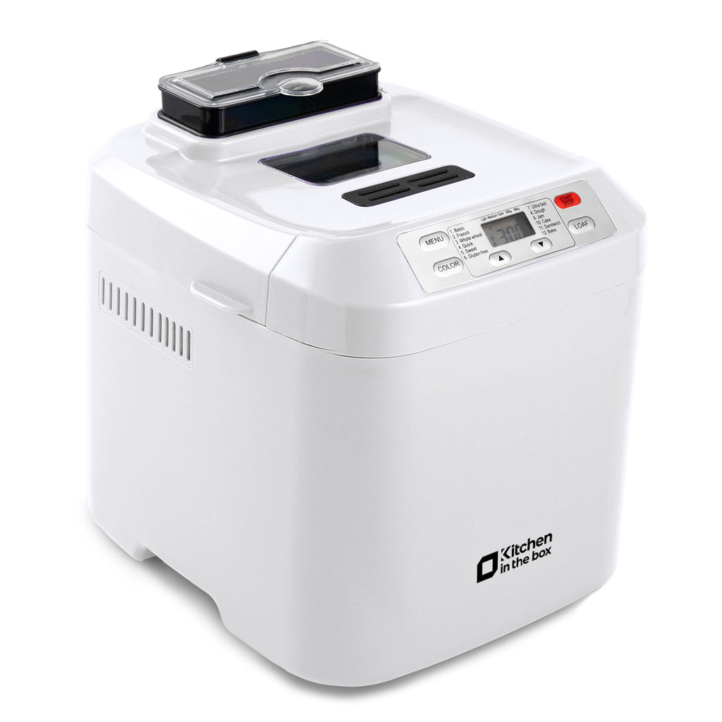 Kitchen in the Box 2lb Bread Maker with Auto Fruit Nut Dispenser, 12-in-1 Gluten-Free Bread Machine, 13H Delay Timer, Nonstick Pan, Keep Warm, White