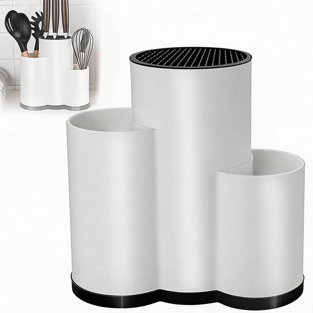 Knife Holder Kitchen 2-in-1 Universal Block without Knives Silverware Storage Stand with Drain Hole,for Countertop and Cabinet Drawer,White
