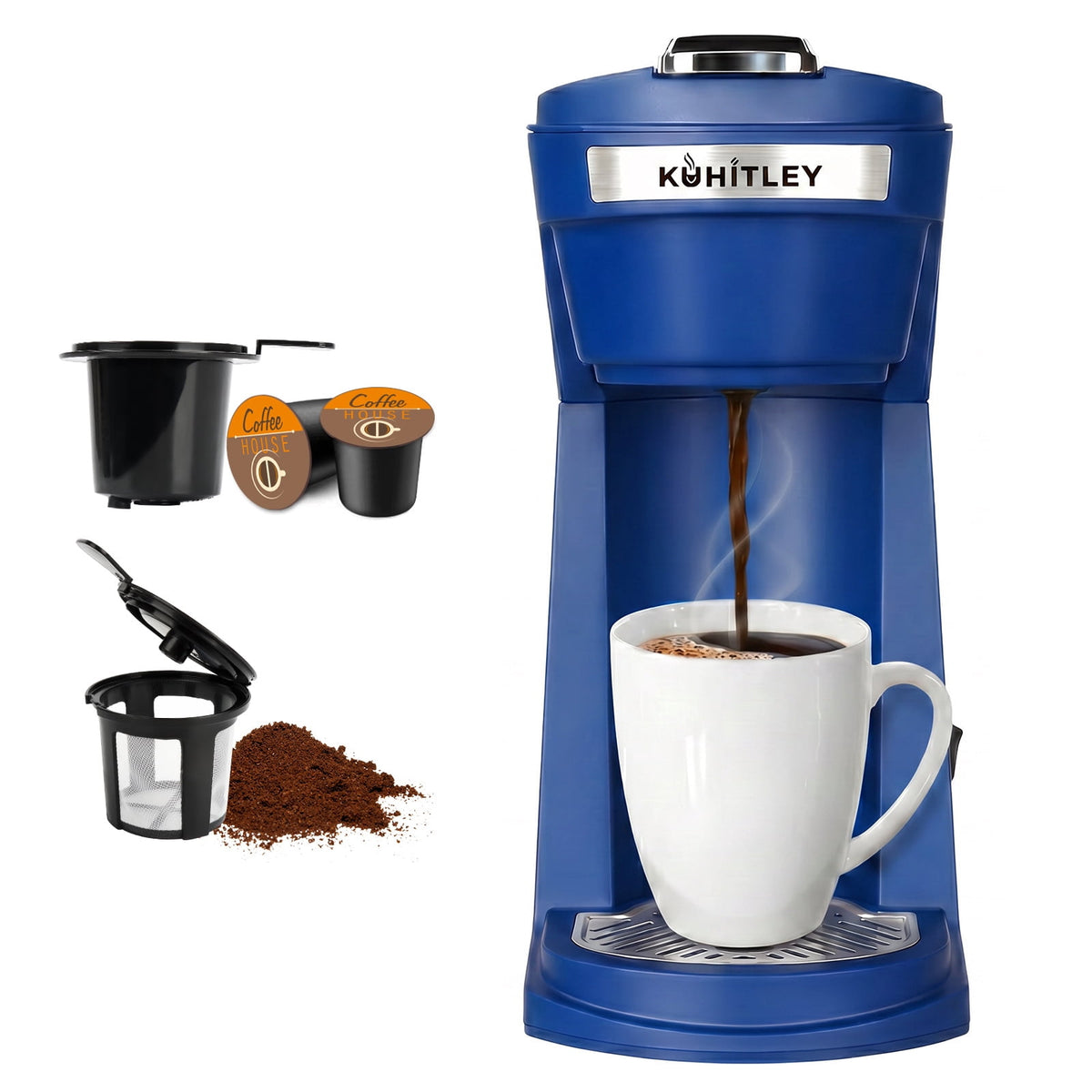 2 in 1 Single Serve Coffee Maker for K Cup Pods & Ground Coffee, Mini K Cup Coffee Machine with 6 to 14 oz Brew Sizes, Single Cup Coffee Brewer with One-Press Fast Brewing, Reusable Filters,Black