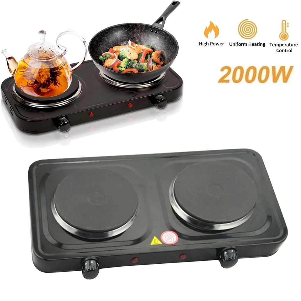 Electric Countertop Double Burner for Cooking, Portable 2000W Countertop Cast Iron Stove Burner, Hot Plate Temperature Controls with 5 Adjustable for RV/Home/Camp, Black