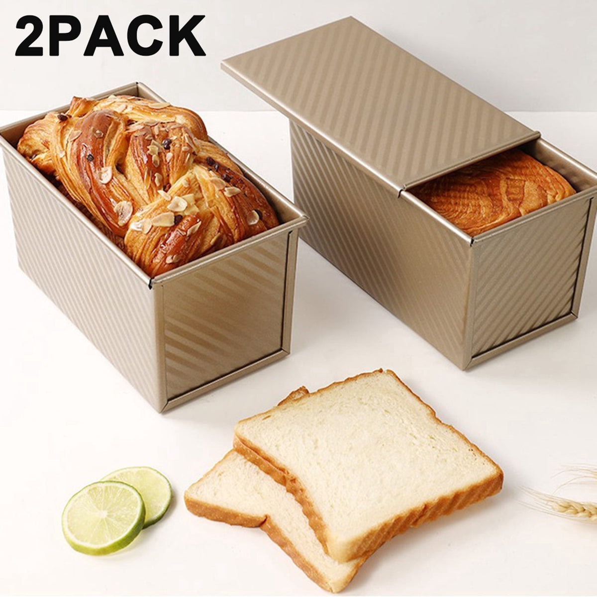 LIMICAR 2 Pack Pullman Loaf Pan with Lid, 8x4 inch Non-stick Bread Pan for Baking, Commercial Grade Carbon Steel for Sourdough, Sandwich Bread, Easy Release & Clean