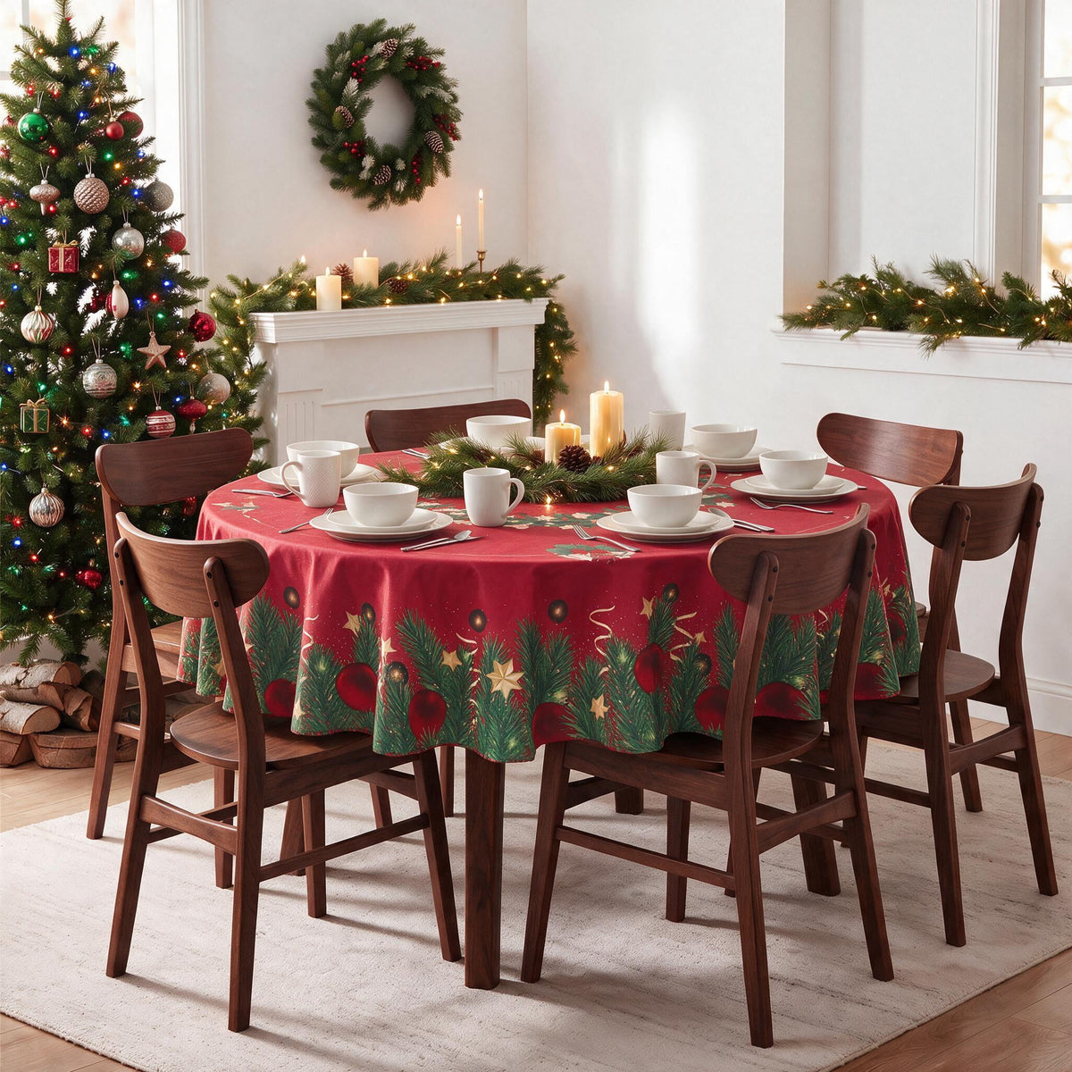 LUSHDIVA Christmas Rectangle Tablecloth, Holly Berry Ribbon Garland Bordered Fabric Dining Table Cover, Xmas Holiday Party Decor Table Cloth, 60" x 84"