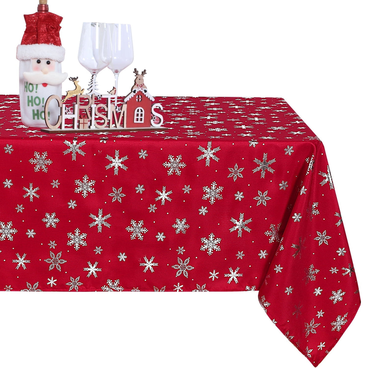 LUSHVIDA Christmas Tablecloth Rectangle -60 x84 inch Snowflake Foil Print Pattern Washable Wrinkle Resistant Holiday Tablecloths for Christmas Family Gathering, Dining Room Table Decoration