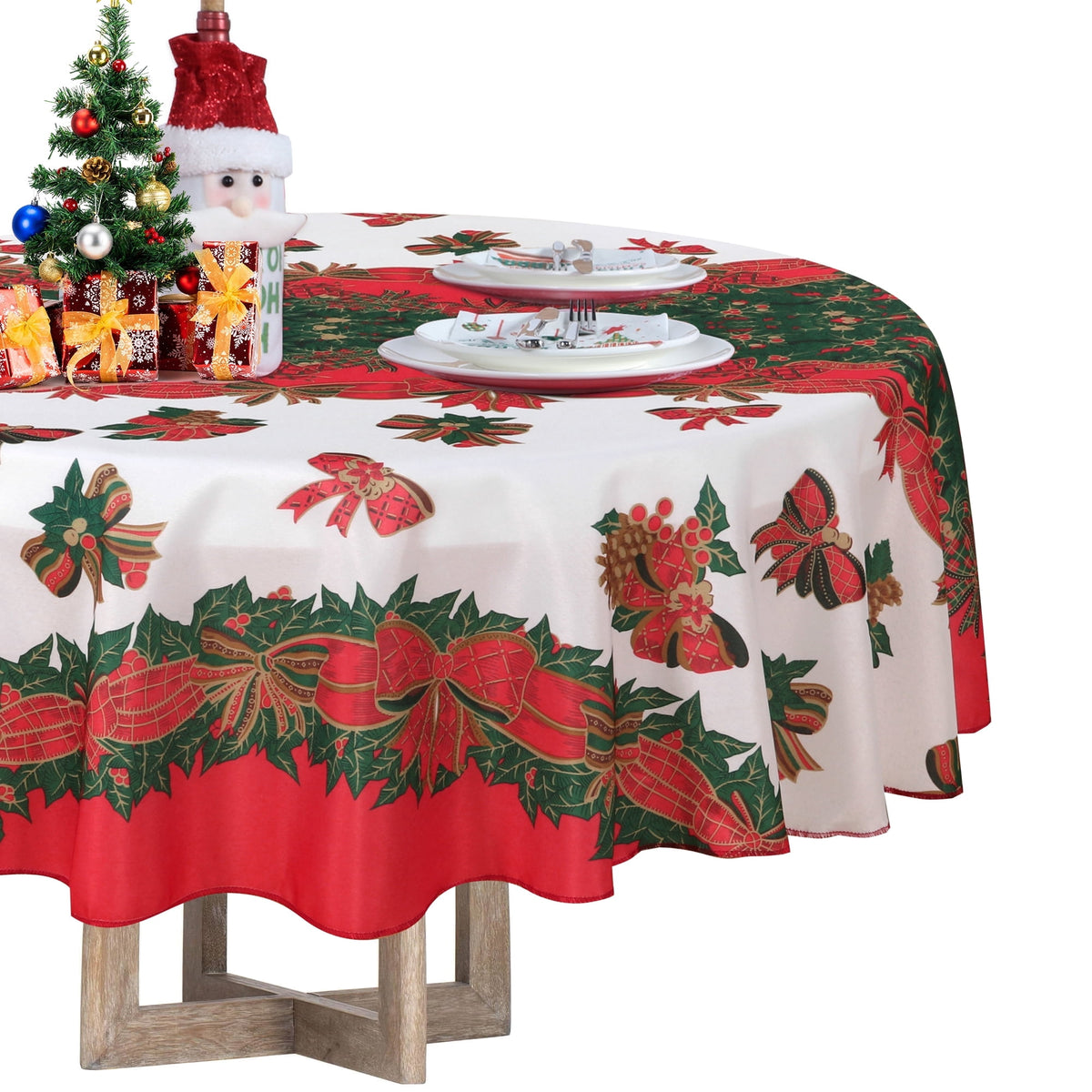 LUSHVIDA Christmas Tablecloth Rectangle - 60x84 inch Holly Ribbon Pattern Washable Wrinkle Resistant Holiday Tablecloths for Christmas Family Gathering, Dining Room Table Decoration 130GSM