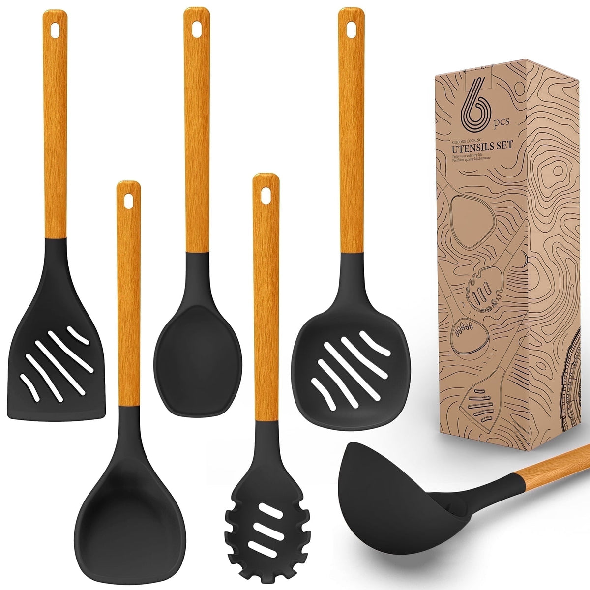 Silicone Kitchen Utensils Set, 600°F Heat Resistant Silicone Cooking Utensils, Spatula, Spoon, Whisk, Tongs, Kitchen Gadgets Tools Sets for Nonstick Cookware, Dishwasher Safe BPA Free (Black)