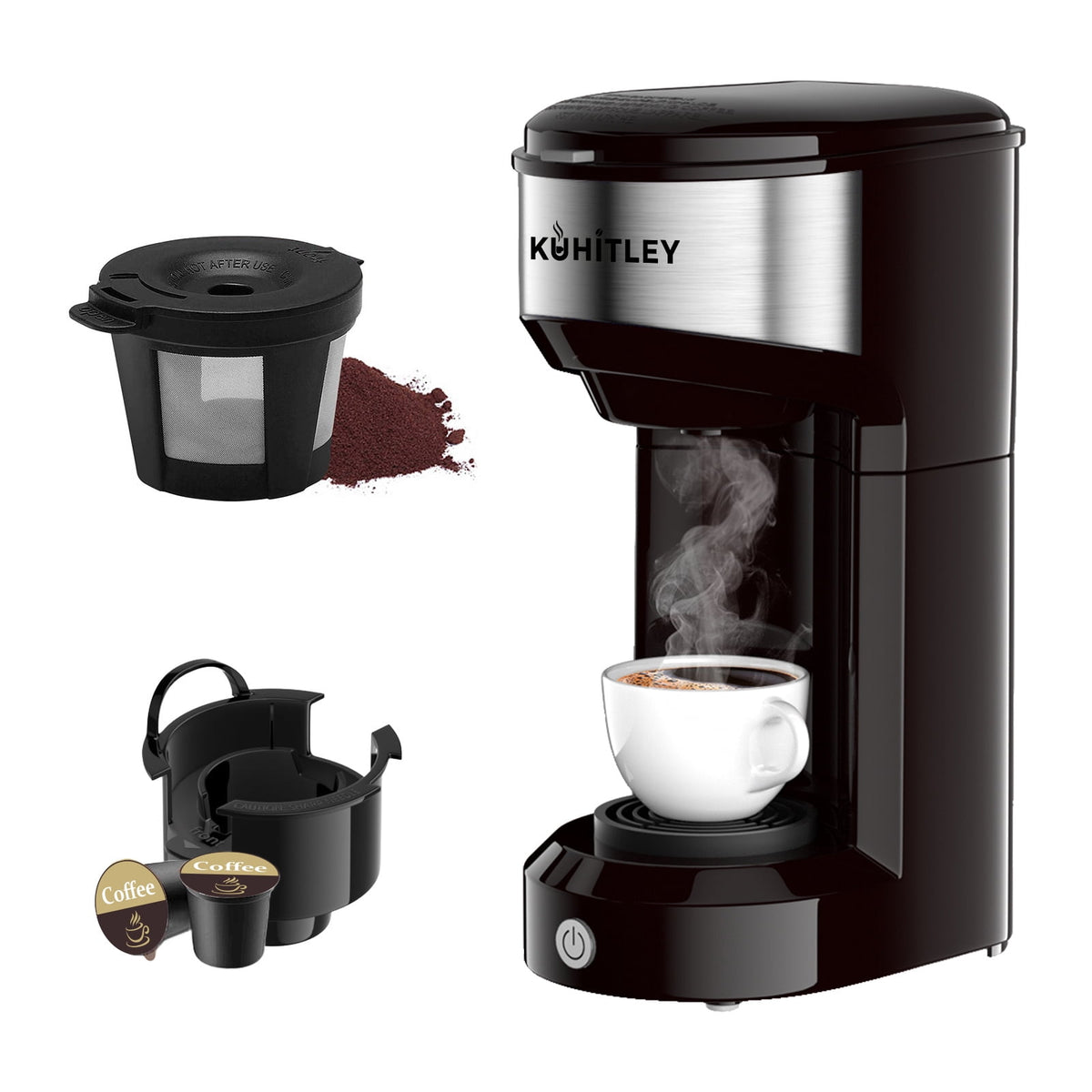 MINI Single Serve Coffee Maker,Instant Coffee Maker One Cup for K Cup & Ground Coffee,Portable Capsule Coffee Machine with 6 to 14oz Reservoir,90 Seconds Fast Brewing and One Button Operation